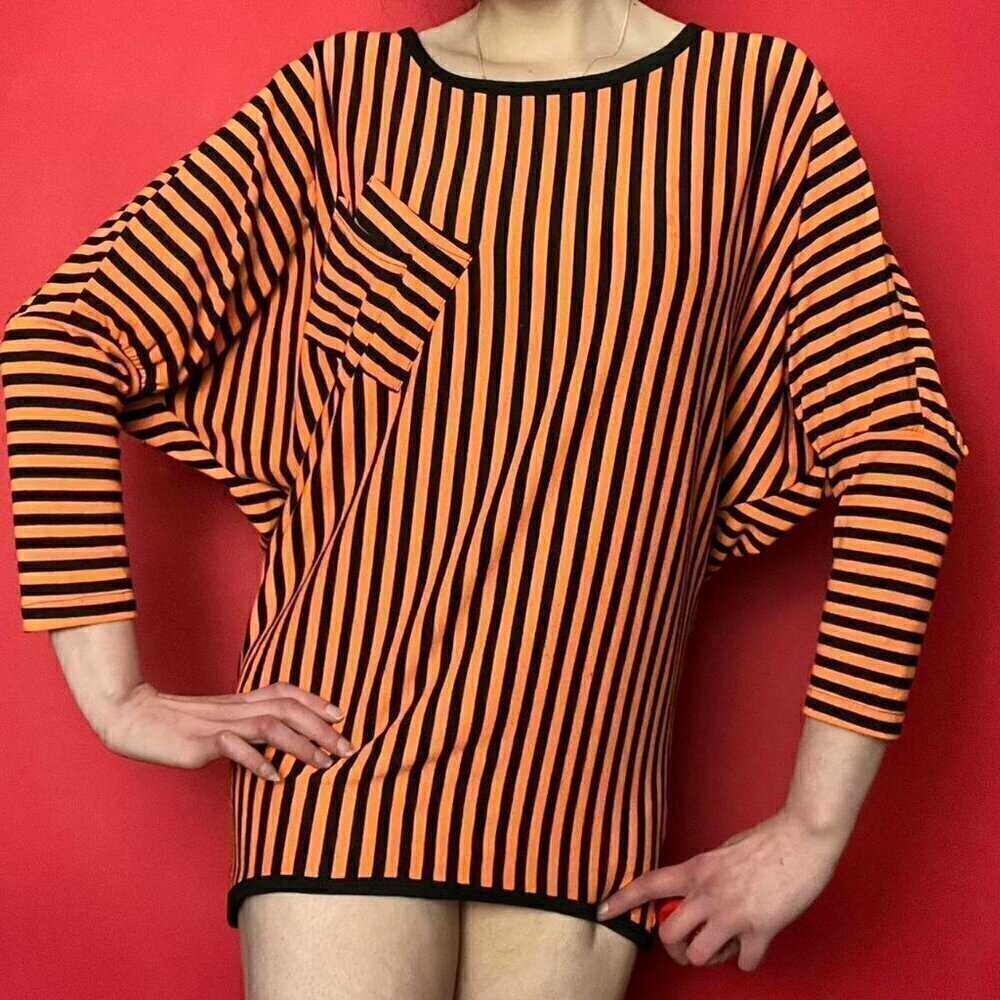 Orange and black stripped Halloween top / dress with pockets and butterfly sleev